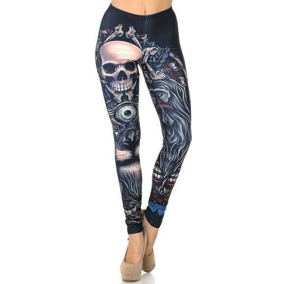 Reg one Size Halloween Ugly Skull Leggings Black - Picture 4 of 10